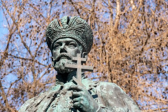 Sculptural portrait of Russian emperor Nicholas II, the last tsar of the house of Romanov. Sunny spring day
