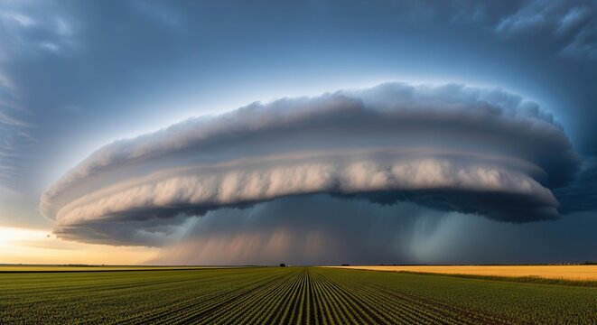 dramatic supercell storm cloud over green field at sunset