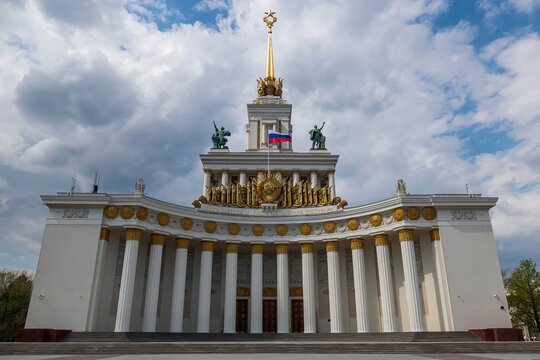Pavilion No. 1 Tsentralny or Central in VDNH park of Moscow. Sunny spring day
