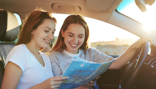Close Up of Young Friends Looking at Map in Car