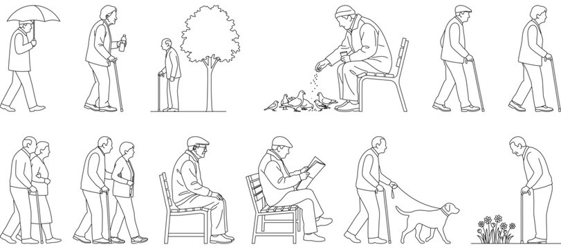 Elderly Park and Outdoor CAD Figures Senior Walking, Bench Sitting, Dog Walking and Recreation Activities &ndash; CAD Block Set Side Elevation, Clean Thin Line Architectural Style