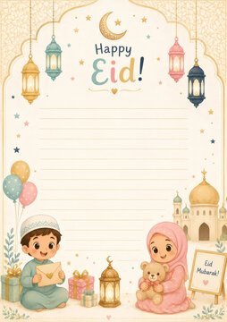 Cute Eid Mubarak greeting card with cartoon boy and girl, lanterns, mosque, gifts and decorative frame. Perfect for children's Eid celebration invitations or festive notes.