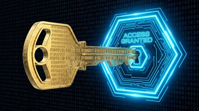 Golden key with binary code on a futuristic blue circuit board background with access granted neon sign for cybersecurity and data protection concepts