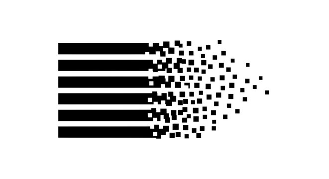 Minimal black silhouette icon, simple flat vector, bold black shape, no, no shading abstract dispersion effect with horizontal lines dissolving into pixels on a, flat icon style