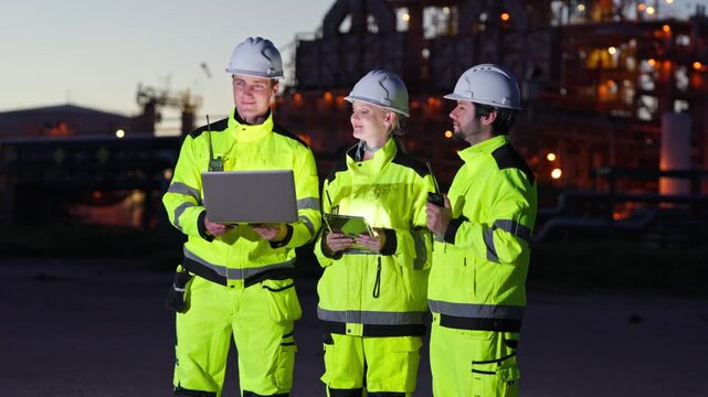 Construction workers collaborate at night urban site photography industrial setting group viewpoint teamwork dynamics