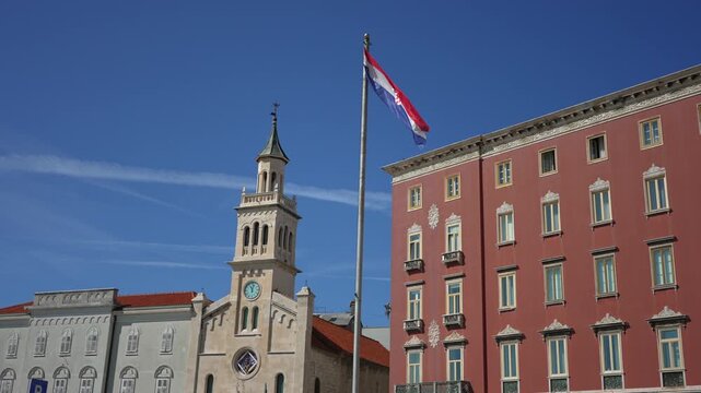 Historic stone church of Saint Francis with bell tower in Split Croatia.