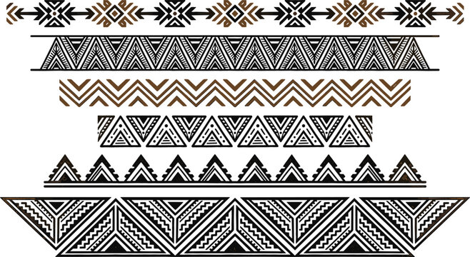 Ethnic Tribal Geometric Borders Set with Aztec Mayan Polynesian and Native American Seamless Pattern Ornaments for Tattoo and Textile Designs