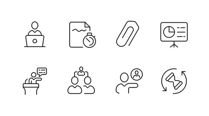 Fototapeta premium Business icon set: professional tools including laptop, stopwatch, paperclip, presentation, discussion, teamwork, profile, time management