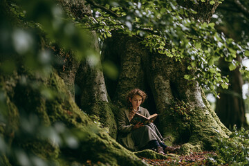 Fototapeta premium Reader immersed in the magic of a story beneath ancient trees in nature