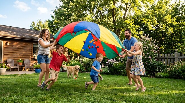 Family playing with a colorful play parachute in the backyard