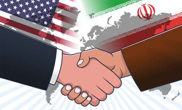 Vector light political banner. Flags of United States of America and Islamic Republic of Iran. Graphic male hands, handshake. Deal and agreement. Dark silhouette of world map. Radiant white background