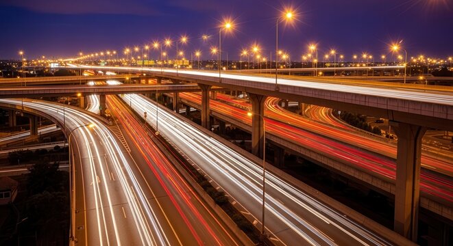 nighttime city highway with traffic light trails