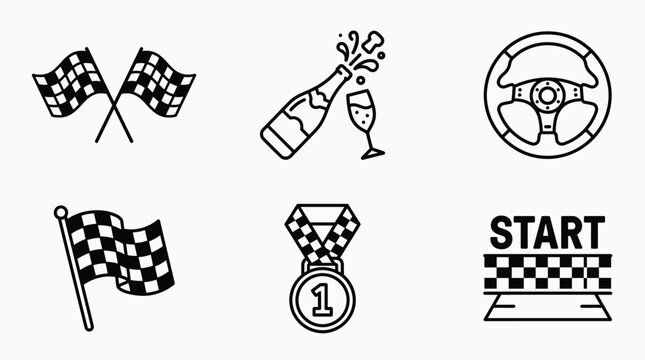 Racing icons set with flags, medal, and start line Vector