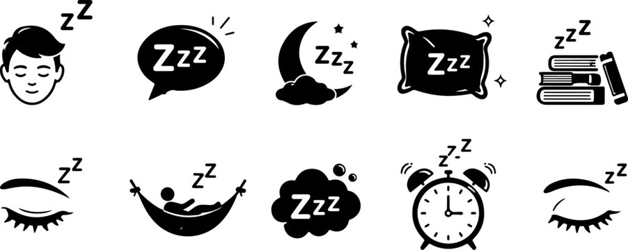 Zzz sleep and snore icon set featuring bed, snooze, nap and Z sound symbols, sleepy yawn and insomnia concepts with alarm clock, line icons for goodnight, deep sleep, tired and bored vector