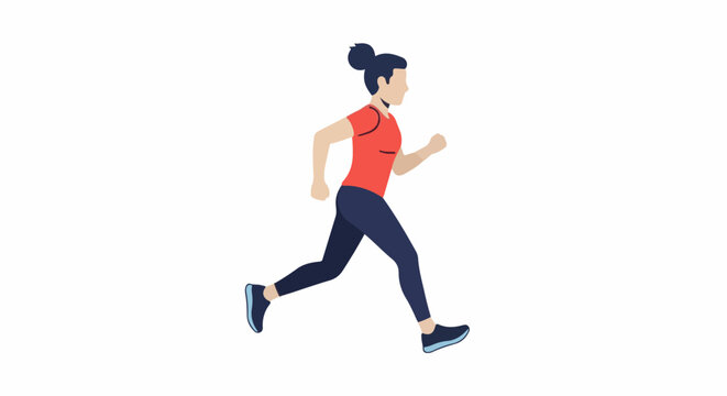 A woman in athletic wear, with her hair in a bun, running forward