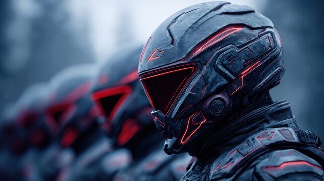 Futuristic soldiers in advanced combat armor with glowing red accents