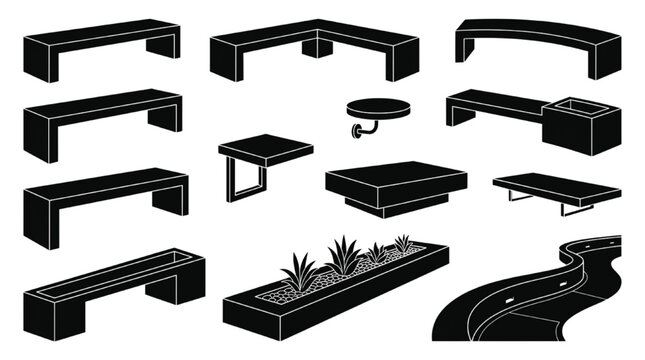 Modern Outdoor Bench CAD Block Collection Curved Seating Planters Patio Furniture Vector Set