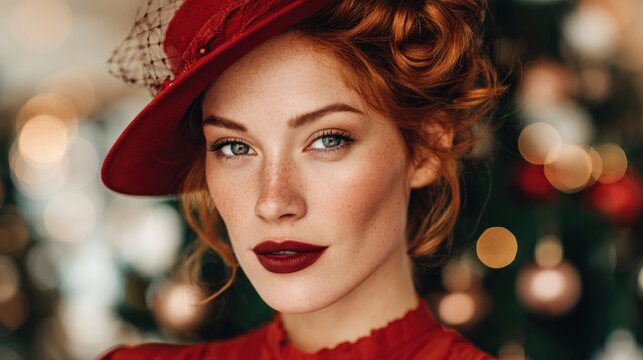 Elegant woman with red hat and lipstick posing for a portrait
