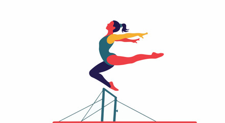 Fototapeta premium Athletic woman in colorful leotard performs a dynamic jump over parallel bars