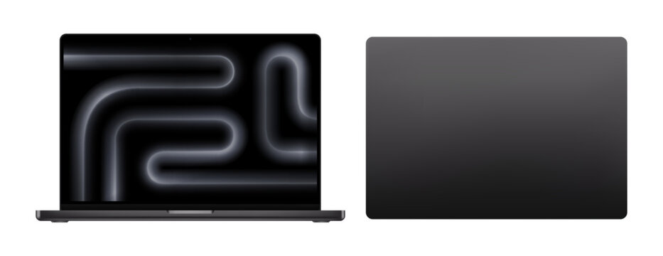 Photorealistic detailed black notebook mockup. Front and top view of opened notebook isolated on transparent background. Vector PNG