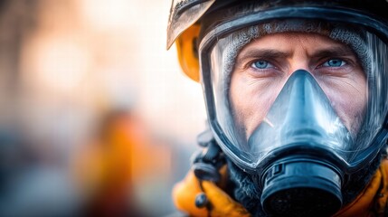 Fototapeta premium A firefighter wearing a respirator looks directly at the viewer.