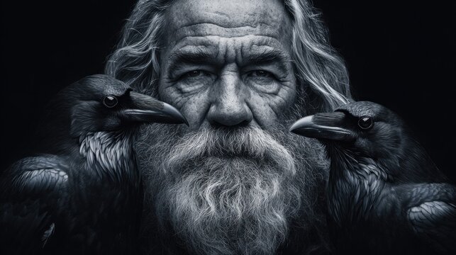 Dramatic portrait of an old man with ravens in monochrome