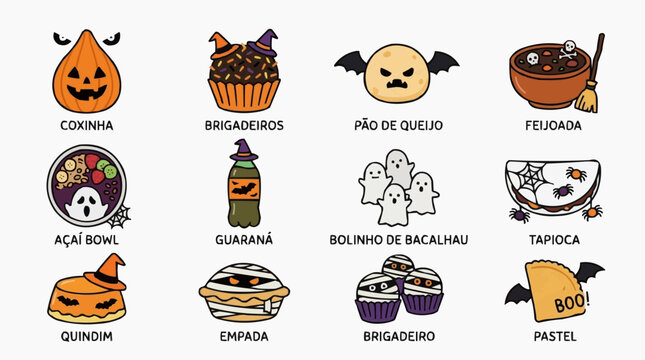 Halloween themed Brazilian food and drinks illustrations with cute spooky characters