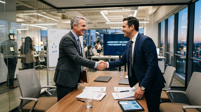 Two men shaking hands to seal a deal in a conference room at the office