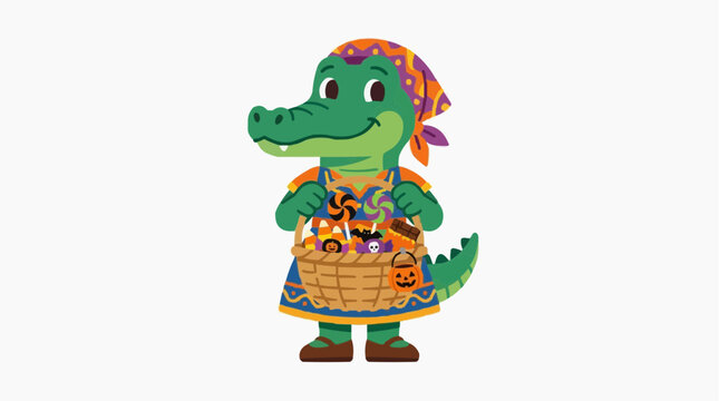 Brazilian Folklore Cuca Character with Alligator Head in Halloween Costume Holding a Basket of Candy Isolated on White Background