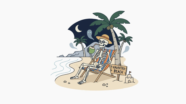 Skeleton relaxing on a haunted beach at night drinking a coconut with ghosts and palm trees