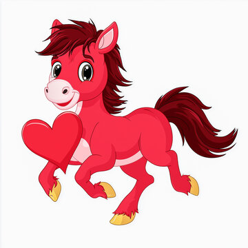 Cartoon illustration of a cheerful red horse character holding a heart while trotting, with a playful expression and flowing mane, suitable for children's designs