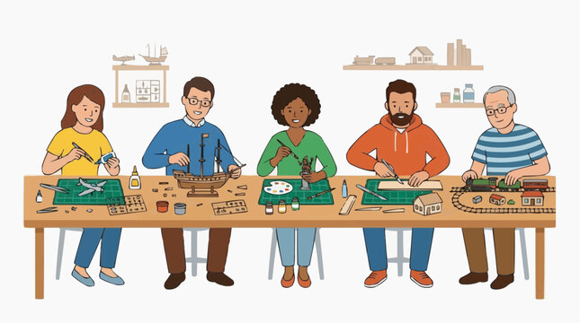 Diverse group of people enjoying hobby modeling building airplanes ships trains and figures together at a table