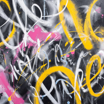 Abstract graffiti artwork featuring vibrant colors and dynamic brush strokes with yellow, pink, and black paint on a textured surface creating an urban aesthetic