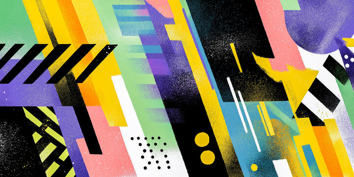 Abstract geometric illustration featuring vibrant colors and dynamic shapes with stripes, dots, and gradients creating a modern artistic composition