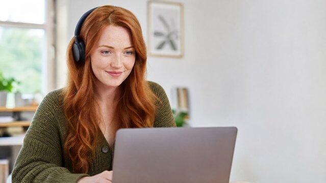 Generative AI, Smiling redhead woman wearing headphones and working on laptop at bright desk