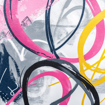 Abstract colorful painting featuring bold circular shapes in pink, yellow, and blue against a textured gray background, showcasing modern artistic expression