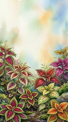 Fototapeta premium Colorful foliage plants with vibrant pink, red, and yellow leaves in garden setting with soft watercolor sky background, suitable for botanical and nature designs.