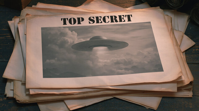 A top secret file displays a mysterious UFO photograph on aged documents, suggesting conspiracy investigation and classified evidence.