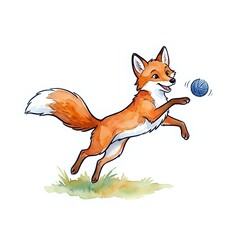 Fototapeta premium Playful fox jumping and catching blue ball isolated on white background, suitable for children's books, nursery decor, and educational materials.