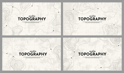 Obraz premium Vector illustration. Topographic map concept. Set of minimal panoramic banners with retro graphics, marks, and trails. Line art pattern design on textured paper. Design for web banner, presentation