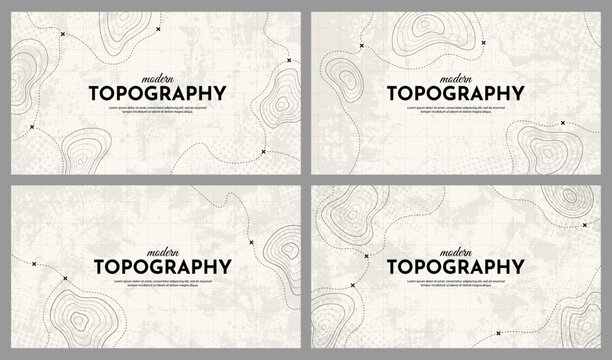 Vector illustration. Topographic map concept. Set of minimal panoramic banners with retro graphics, marks, and trails. Line art pattern design on textured paper. Design for web banner, presentation