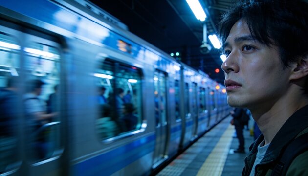 Waiting commuter wearing dark jacket, bag, watching train near yellow strip at metro, copy space