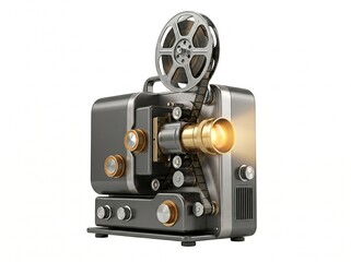 Naklejka premium Vintage Movie Projector with Film Reel Isolated on White Background, Retro Cinema Equipment for Nostalgic Home Theater Displays