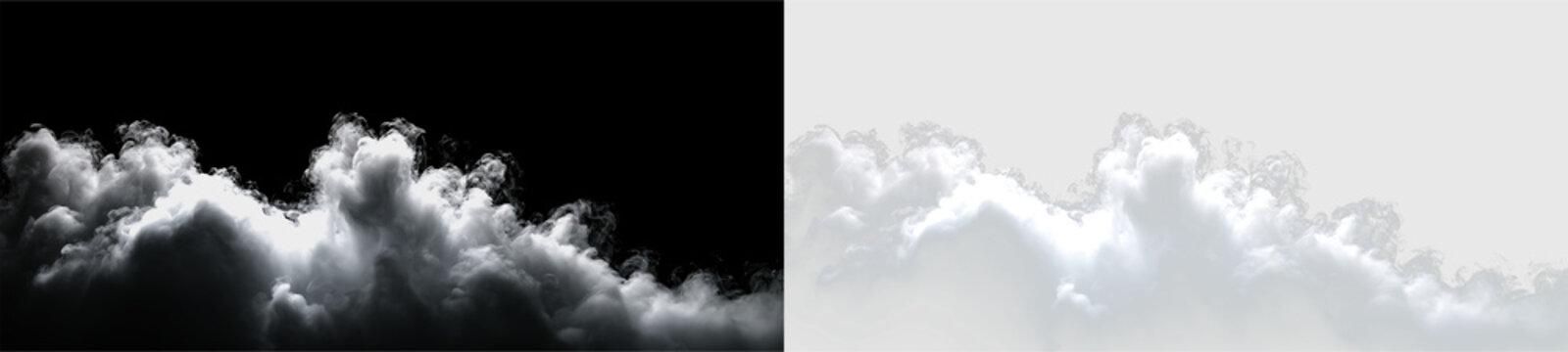 White clouds on a transparent background with soft edges and varied shapes showing natural formations