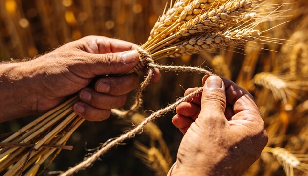 Tying weathered hands binding sheaf of wheat in field at late-afternoon sun, with twine