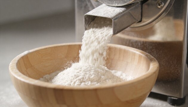 Pouring wooden mixing bowl receiving steady stream of white flour on countertop, with metal chute