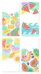 Obraz premium vertical summer template set with colorful tropical fruits, watermelon, pineapple, papaya and palm leaves. healthy diet and beach holiday concept. social media story, flyer, poster with copyspace.
