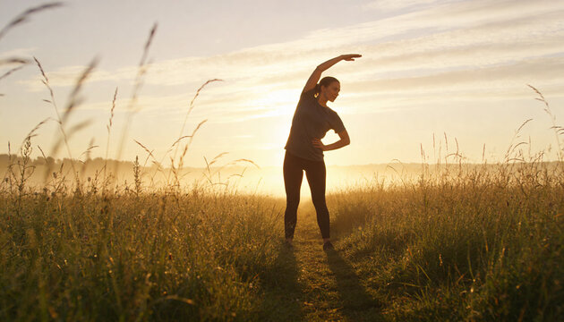 Stretching woman in dark leggings and top with ponytail on narrow path, backlit grasses glowing