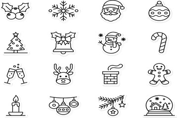 Christmas outline icon collection featuring Santa snowflake ornaments reindeer and festive holiday symbols vector set © Md