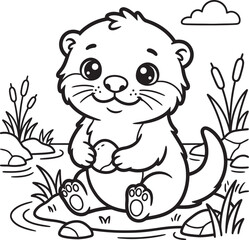 Fototapeta premium Coloring page with gentle otter character for kids activity book education vector cartoon.